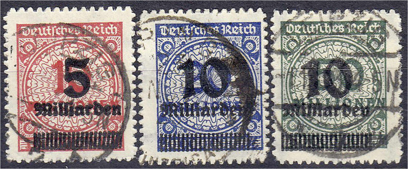 Deutschland
Deutsches Reich
Freimarken 1923, drei sauber gestempelte Werte in ...