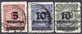 Deutschland
Deutsches Reich
Freimarken 1923, drei sauber gestempelte Werte in B-Zähnung, jeder Wert geprüft Peschl BPP/Infla. Mi. 420,-€. gestempelt...