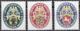 Deutschland
Deutsches Reich
8 Pf., 15 Pf. und 25 Pf. Deutsche Nothilfe 1928, drei postfrische Werte mit Wasserzeichen X (stehend), 8 Pf. und 15 Pf. ...