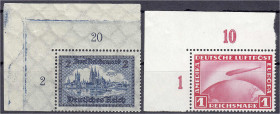 Deutschland
Deutsches Reich
2 M Bauwerke + Flugpostmarke 1930/1931, zwei postfrische Werte aus der linken oberen Bogenecke, ungefaltet. Mi. 260,-€ +...