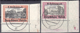 Deutschland
Deutsches Reich
1 RM + 2 RM Danzig mit Aufdruck 1939, zwei sauber gestempelte Werte aus der rechten unteren Bogenecke, ungefaltet in Lux...