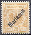 Deutschland
Deutsche Auslandspostämter und Kolonien
Marianen
25 Pf. Freimarken 1899/1900, schwarzer, diagonaler Aufdruck 48°, ungebraucht ohne Gumm...