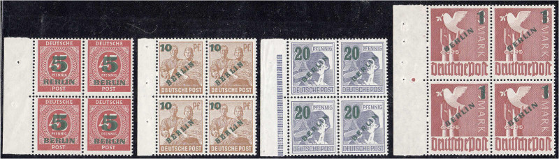 Deutschland
Berlin
5 Pf.-1 DM Grünaufdruck 1949, kompletter Viererblock-Satz m...