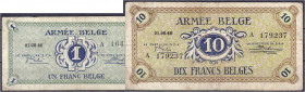 Ausland
Belgien
Belgische Streitkräfte, 1 u. 10 Francs 1.8.1946. Serie A. III- Schöne 5651 u. 5654.