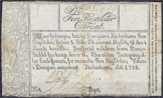 Ausland
Dänemark
5 Rigsdaler Courant 1795. V, eingerissen u. hinterklebt. Pick A29.