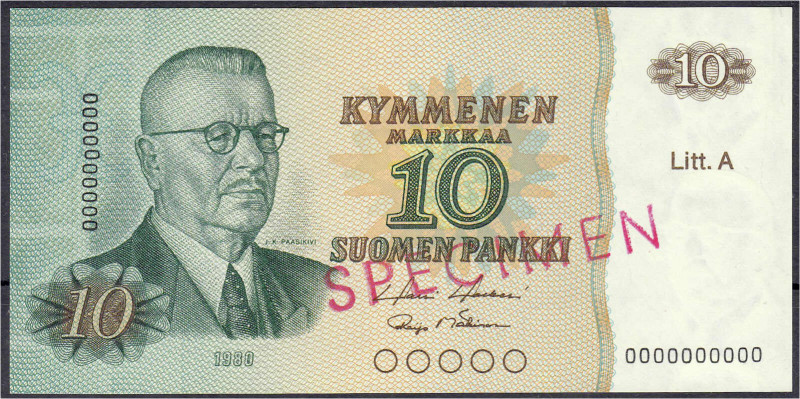 Ausland
Finnland
SPECIMEN 10 Markkaa 1980. Litt. A. Serie 0000000000 und Aufdr...