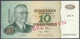 Ausland
Finnland
SPECIMEN 10 Markkaa 1980. Litt. A. Serie 0000000000 und Aufdruck SPECIMEN. I, sehr selten. P. 112s (nicht im Pick).