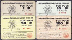 Ausland
Frankreich
Schiffsgeld. 4 Scheine (Karton laminiert) der Compagnie Generale Tansatlantique- French Line o.J. (ca. 1960), zu 1, 10, 50 und 10...