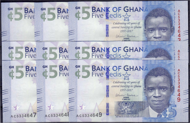 Ausland
Ghana
Bank of Ghana, 9 X 5 Cedis 4.3.2017. Alle mit fortlaufender KN. ...