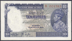 Ausland
Indien
10 Rupien 1937. George IV. II-, Nadelstich. Pick 19a.