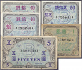 Ausland
Japan
5 Scheine zu 2 X 10 Sen, 50 Sen, 1 Yen und 5 Yen (1945). II-IV. Pick 63, 65, 67a u. 69a.