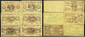 Ausland
Österreich
6 verschiedene Holzgeld-Scheine Gemeinde Hadersfeld im Wienerwald: 1.6.1920. Je 2 X 10, 20 und 50 Heller je 1 X Rs. grün mit Einl...