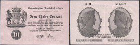 Altdeutschland
Mecklenburg-Strelitz
10 Thaler 1.6.1869. Mecklenburgischer Rentei-Cassen-Schein. II-III, selten. Pick A181. Grabowski/Kranz 213.