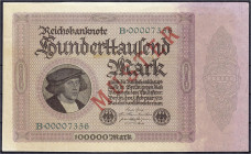 Die deutschen Banknoten ab 1871 nach Rosenberg
Deutsches Reich, 1871-1945
100 Tsd. Reichsmark 1.2.1923. Serie B, niedrige KN. Mit rotem Aufdruck „Mu...