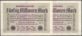 Die deutschen Banknoten ab 1871 nach Rosenberg
Deutsches Reich, 1871-1945
2 X 50 Mio. Mark 1.9.1923. KN 6-stellig, dunkelblau. Beide mit Plattenfehl...