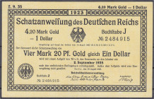 Die deutschen Banknoten ab 1871 nach Rosenberg
Deutsches Reich, 1871-1945
Ganze Schatzanweisung zu 4,20 Mark Gold = 1 Dollar 25.8.1923. Ein Siegel u...