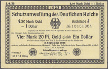 Die deutschen Banknoten ab 1871 nach Rosenberg
Deutsches Reich, 1871-1945
Ganze Schatzanweisung zu 4,20 Mark Gold = 1 Dollar 25.8.1923. Ein Siegel. ...