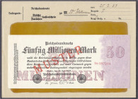 Die deutschen Banknoten ab 1871 nach Rosenberg
Deutsches Reich, 1871-1945
Rotaufdruck „Muster“ auf 50 Mio. Mark 25.7.1923. Im Originalumschlag der R...