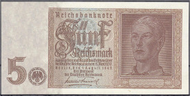 Die deutschen Banknoten ab 1871 nach Rosenberg
Deutsches Reich, 1871-1945
Fehl-Probedruck zu 5 Reichsmark 1.8.1942. Ohne Udr.-Bst: „P“ und KN. II, s...