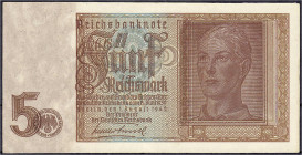 Die deutschen Banknoten ab 1871 nach Rosenberg
Deutsches Reich, 1871-1945
Fehl-Probedruck zu 5 Reichsmark 1.8.1942. Ohne Udr.-Bst: „P“ und KN., zusä...