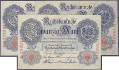 Die deutschen Banknoten ab 1871 nach Rosenberg
Deutsches Reich, 1871-1945
3 Scheine zu 20 Mark 21.4.1910 u. 19.2.1914. 2 X ohne Wz. KN. 6-stellig, U...