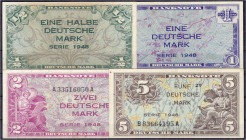 Die deutschen Banknoten ab 1871 nach Rosenberg
Westliche Besatzungszonen und BRD, ab 1948
4 Stück: 1/2, 1, 2 und 5 Deutsche Mark, Serie 1948. II-III...