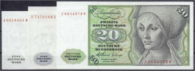 Die deutschen Banknoten ab 1871 nach Rosenberg
Westliche Besatzungszonen und BRD, ab 1948
3 Stück: 5, 10 u. 20 Deutsche Mark 2.1.1960. Serien A/W, E...