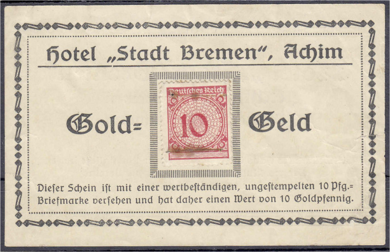 Deutsches Notgeld und KGL
Achim (Niedersachsen)
Hotel "Stadt Bremen". Briefmar...