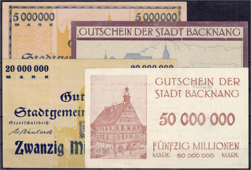 Deutsches Notgeld und KGL
Backnang (Württemberg)
Stadt, 4 Scheine zu 5, 10, 20...