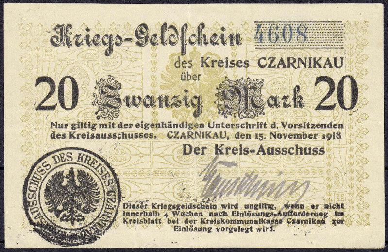 Deutsches Notgeld und KGL
Czarnikau (Posen)
Kreisausschuss, 20 Mark 15.11.1918...