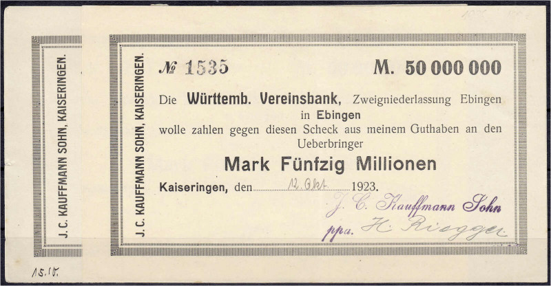 Deutsches Notgeld und KGL
Kaiseringen (Württemberg)
J. C. Kauffmann Sohn, 2 X ...