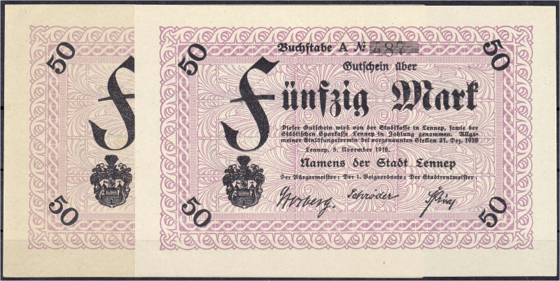 Deutsches Notgeld und KGL
Lennep (Rheinland)
Stadt, 2 Scheine zu 50 Mark 5.11....