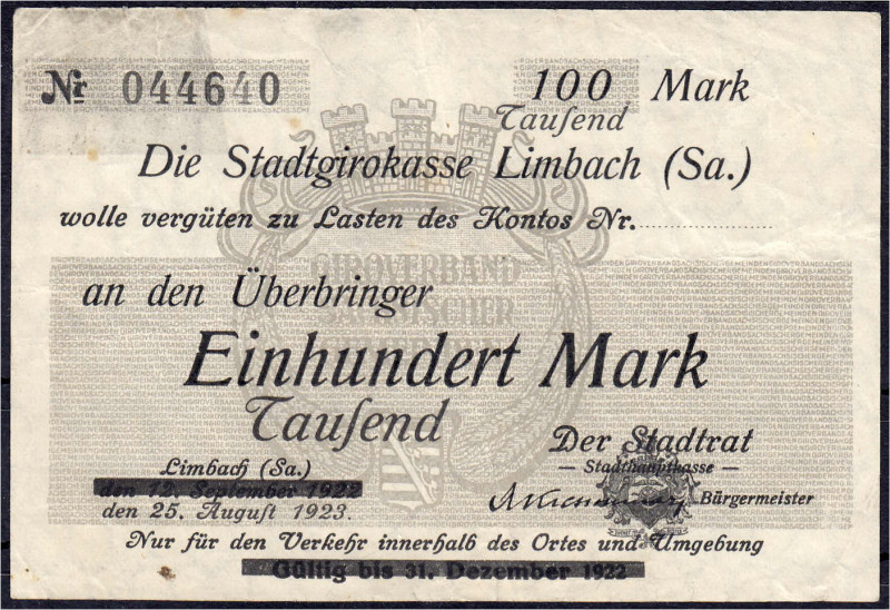 Deutsches Notgeld und KGL
Limbach (Sachsen)
Stadtrat: 100 Tsd. Mark Überdruck ...