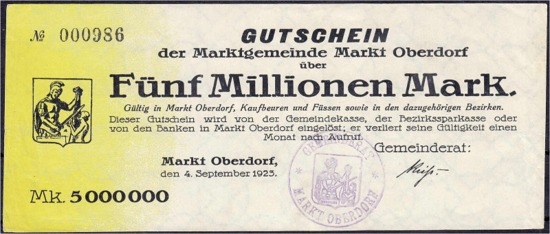 Deutsches Notgeld und KGL
Marktoberdorf (Bayern)
Marktgemeinde, 5 Mio. Mark 4....