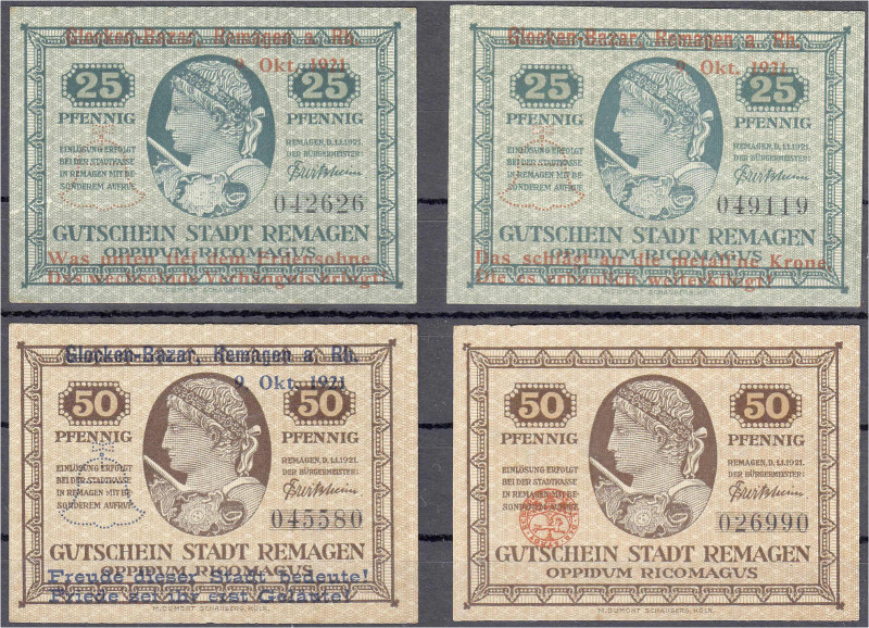 Deutsches Notgeld und KGL
Remagen (Rheinland)
4 Scheine Glocken-Bazar: 2 X 25,...