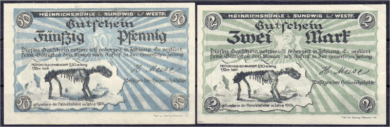 Deutsches Notgeld und KGL
Sundwig (Westfalen)
2 Scheine H. Meise, Heinrichshöh...