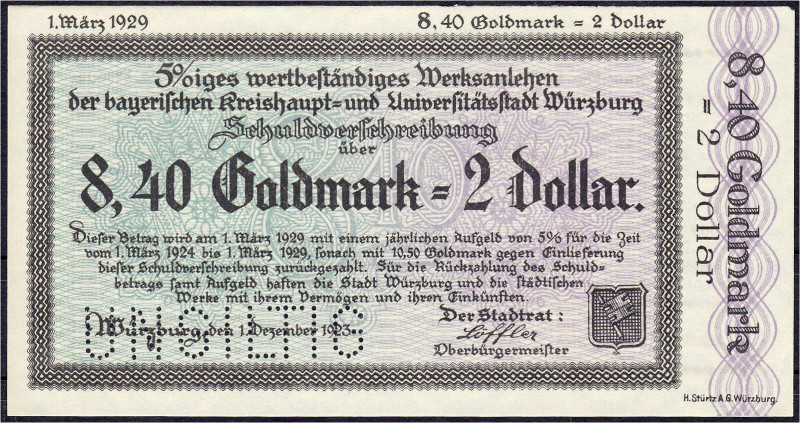 Deutsches Notgeld und KGL
Würzburg (Bayern)
Stadt, 8,40 GMk. 1.12.23. Wz. Rhei...