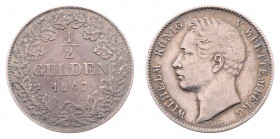 Wilhelm I. 1816 - 1864
Deutschland nach Regionen/Städten und Jahreszahlen geordnet, Württemberg. 1/2 Gulden, 1847. 5,26g
AKS 86
ss/ss+