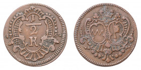 Adam Friedrich von Seinsheim 1755 - 1779
Deutschland nach Regionen/Städten und Jahreszahlen geordnet, Würzburg Bistum. 1/2 Kreuzer, 1762. 4,35g
Helmsc...
