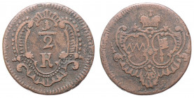 Adam Friedrich von Seinsheim 1755 - 1779
Deutschland nach Regionen/Städten und Jahreszahlen geordnet, Würzburg Bistum. 1/2 Kreuzer, o. Jahr. 5,00g
Sch...