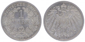 Kursmünzen
II. Deutsches Kaiserreich 1871 - 1918. 1 Mark, 1904 D. München
5,60g
Jaeger 17
stgl