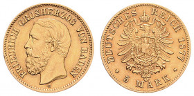 Friedrich I. 1852 - 1907
II. Deutsches Kaiserreich 1871 - 1918, Baden. 5 Mark, 1877 G. Karlsruhe
2,00g
Jaeger 185
vz