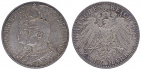 Wilhelm II. 1888 - 1918
II. Deutsches Kaiserreich 1871 - 1918, Preussen. 2 Mark, 1901. Berlin
11,12g
Jaeger 106
f.stgl