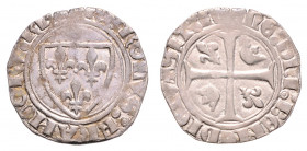 Karl VI. 1380 - 1422
Frankreich, Toulouse. Blanc Guénar, o. Jahr. Wappen / im Kreuz, 2 Lilien und 2 Kronen.
3,02g
Duplessy 377
ss+