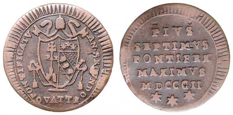 Pius VII. 1800 - 1823
Italien, Vatikan. Quattrino, 1802. 2,33g
Murtoni 30
ss