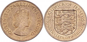 Elisabeth II. 1952 - heute
Jersey. 1/12 Shilling, 1966. Heaton
2,41g
KM 26
stgl