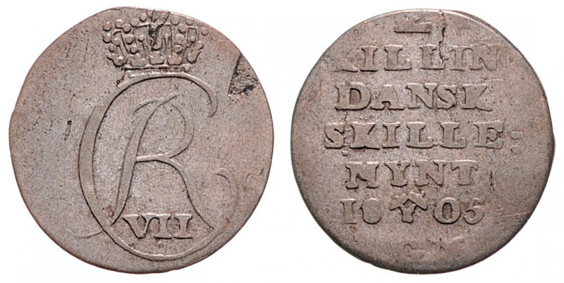 Christian VII. 1766-1808
Norwegen. 2 Skilling, 1805. 1,28g
Cr. 18
f.ss