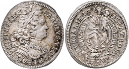 Karl VI. 1711 - 1740
3 Kreuzer, 1715. Preßburg
1,68g
Her. 841
vz/f.vz