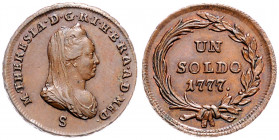 Maria Theresia 1740 - 1780
Un Soldo, 1777 S. Schmöllnitz
7,29g
Fr. 1382, Her. 1865
stgl