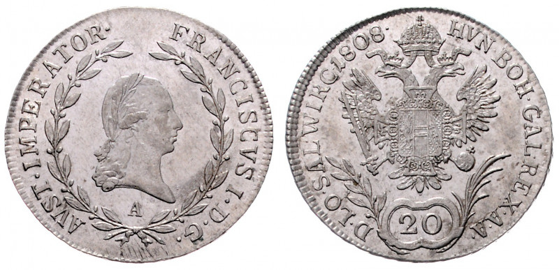 Franz I. 1806 - 1835
20 Kreuzer, 1808 A. Wien
6,13g
Fr. 277
vz/stgl